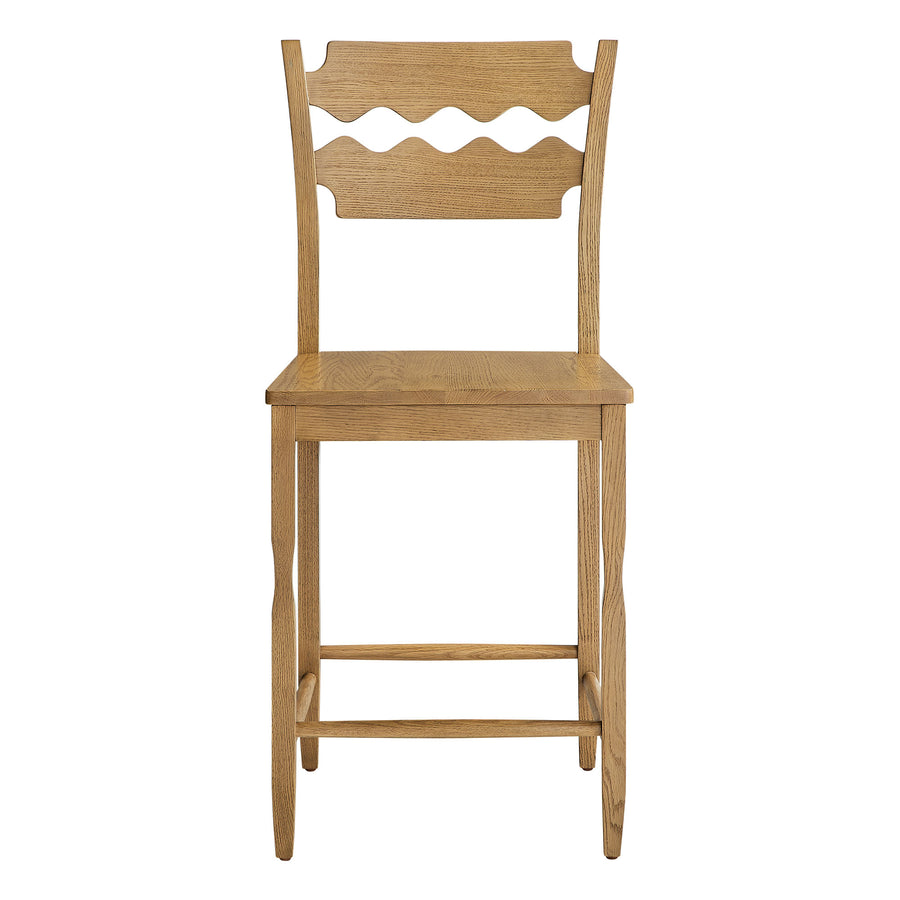 Lennox Oak Wood Counter Stool With Wavy Razor Back in Weathered Oak