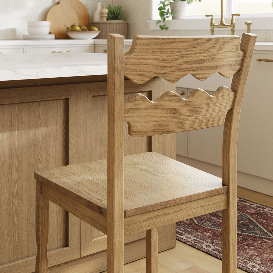 Lennox Oak Wood Counter Stool With Wavy Razor Back in Weathered Oak