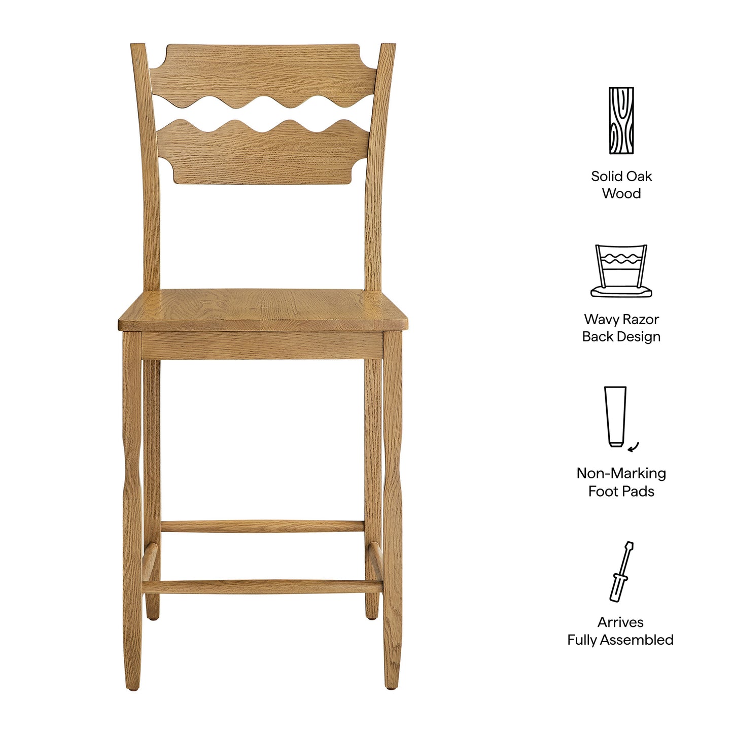 Lennox Oak Wood Counter Stool With Wavy Razor Back in Weathered Oak