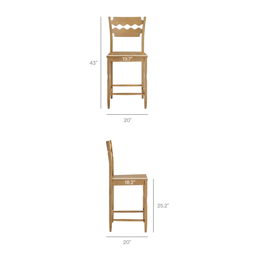 Lennox Oak Wood Counter Stool With Wavy Razor Back in Weathered Oak