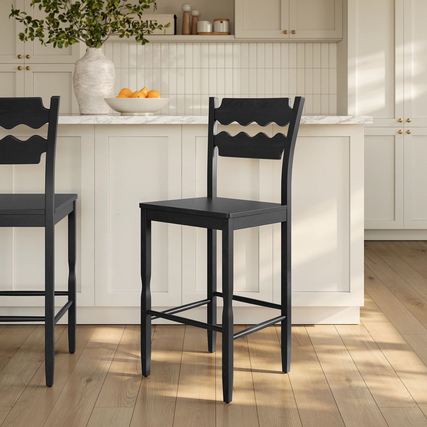 Lennox Oak Wood Bar Stool With Wavy Razor Back in Black