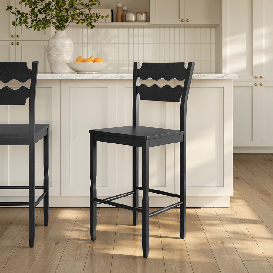 Lennox Oak Wood Bar Stool With Wavy Razor Back in Black