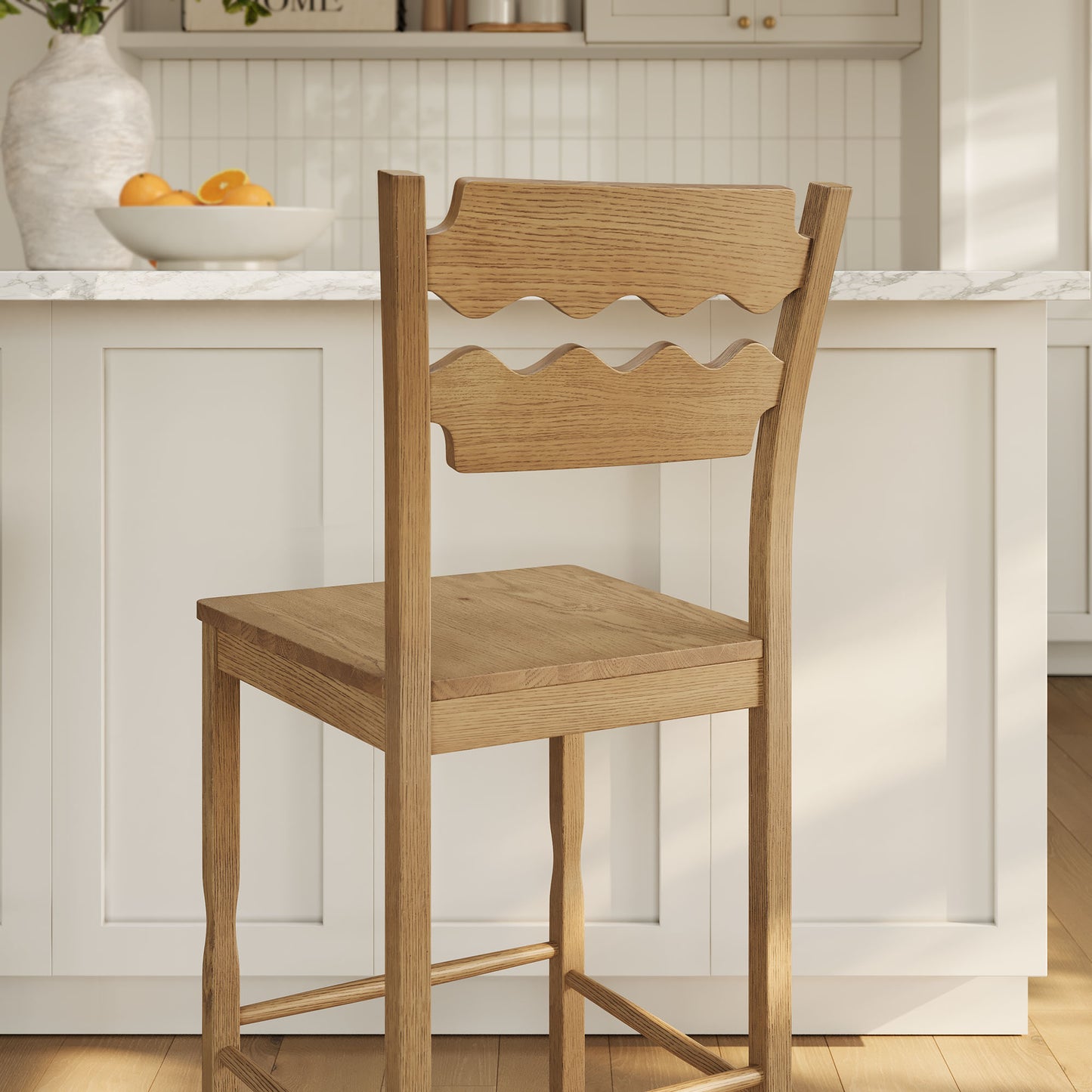 Lennox Oak Wood Bar Stool With Wavy Razor Back in Weathered Oak