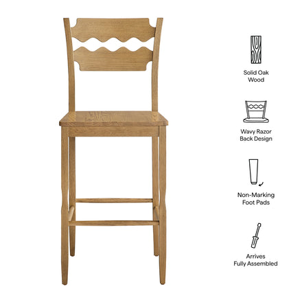 Jax Oak Wood Bar Stool With Wavy Razor Back in Weathered Oak
