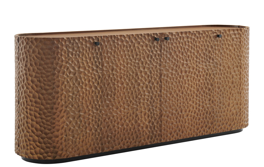 Sabine 71.5 Inch Oval Chiseled Wood Sideboard Buffet Cabinet with Hammered Effect in Walnut