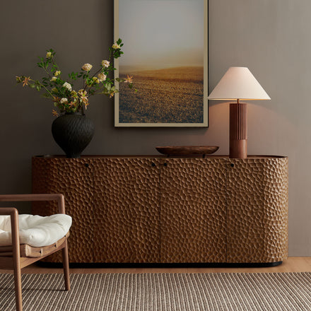 Aven 71.5 Inch Oval Chiseled Wood Sideboard Buffet Cabinet with Hammered Effect in Walnut