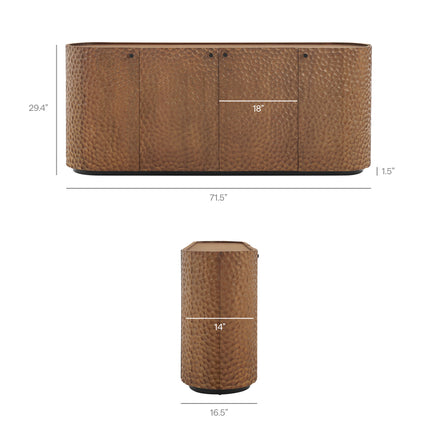 Aven 71.5 Inch Oval Chiseled Wood Sideboard Buffet Cabinet with Hammered Effect in Walnut