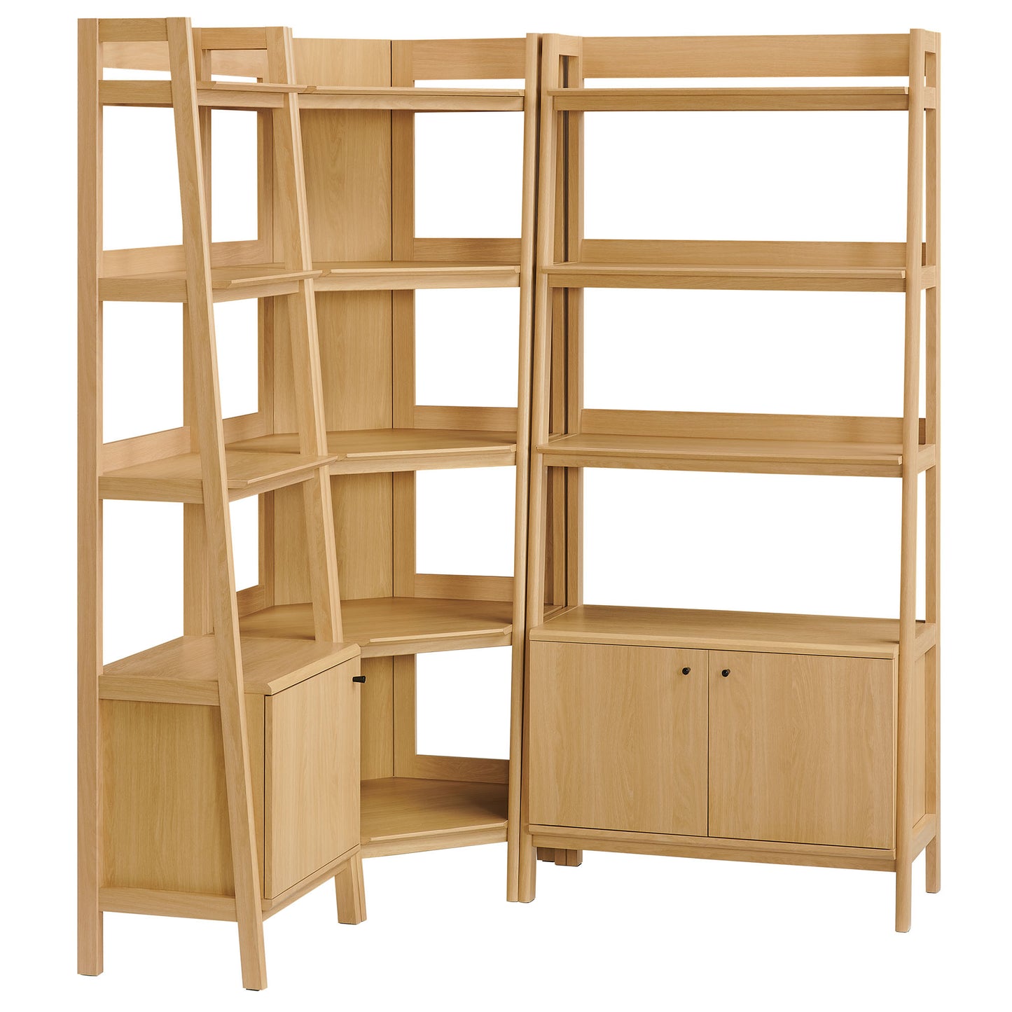 Finch 3 Piece Corner Bookshelf Set With Wide and Narrow Bookshelves in Oak