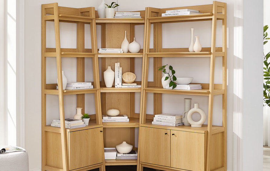 Finch 3 Piece Corner Bookshelf Set With Wide and Narrow Bookshelves in Oak