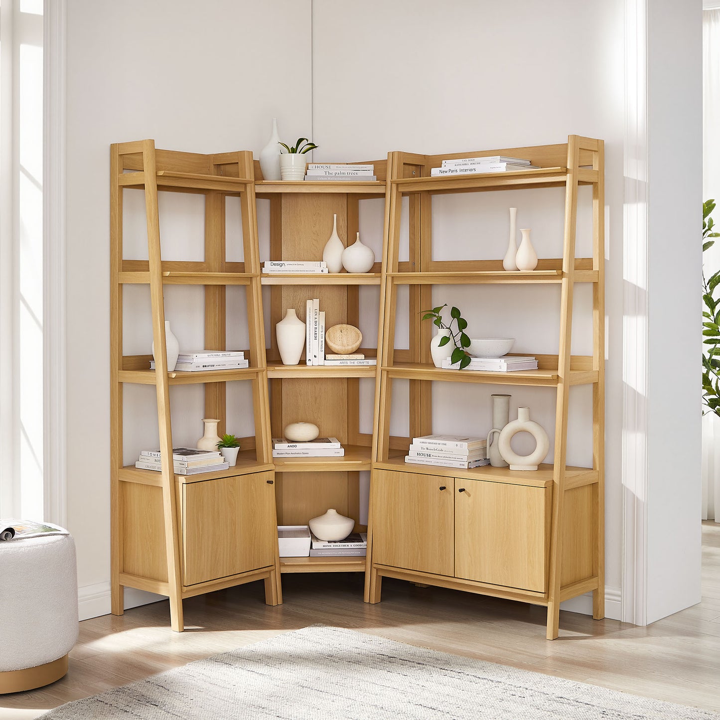 Finch 3 Piece Corner Bookshelf Set With Wide and Narrow Bookshelves in Oak