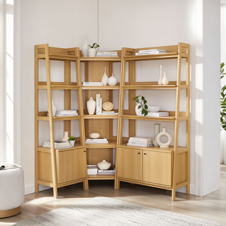 Bixby 3 Piece Corner Bookshelf Set With Wide and Narrow Bookshelves in Oak