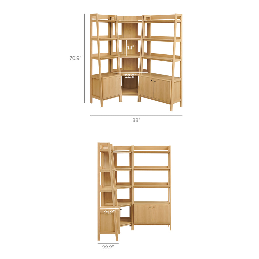 Finch 3 Piece Corner Bookshelf Set With Wide and Narrow Bookshelves in Oak