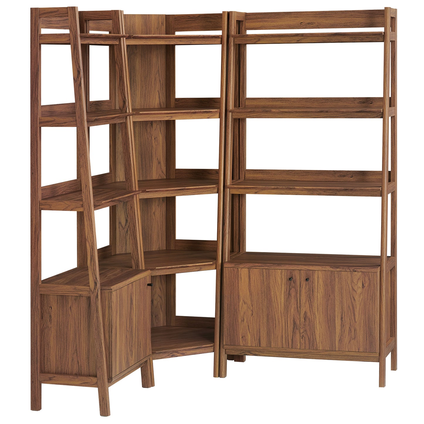 Finch 3 Piece Corner Bookshelf Set With Wide and Narrow Bookshelves in Walnut