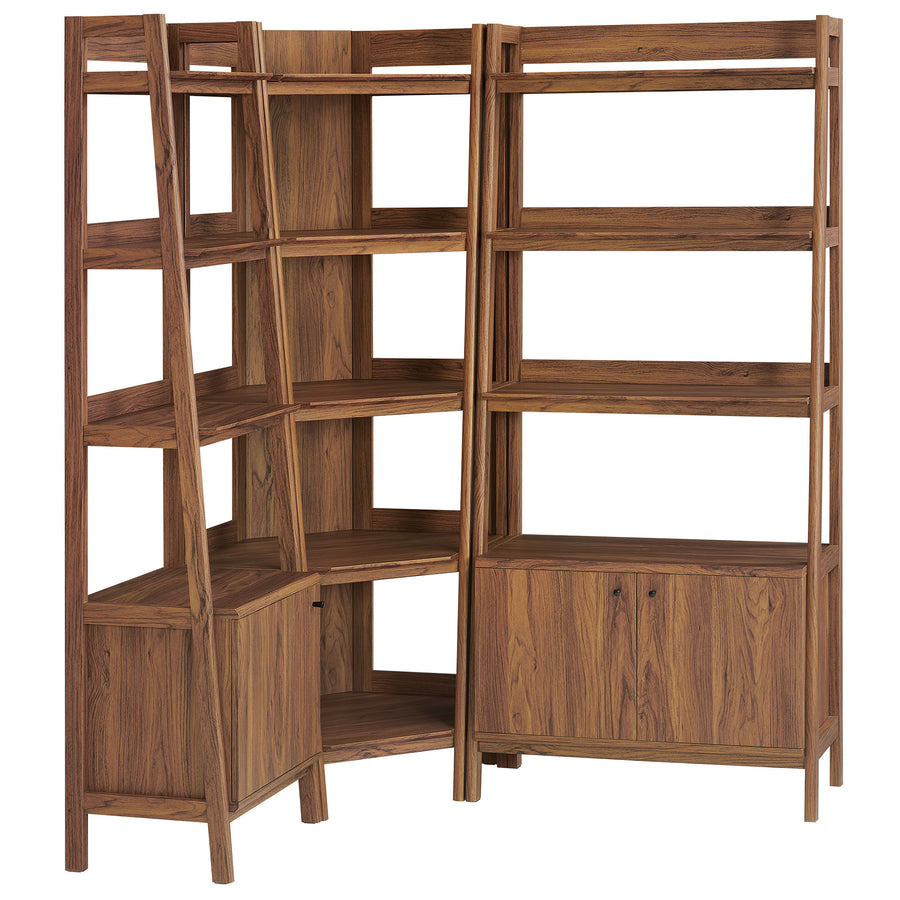 Finch 3 Piece Corner Bookshelf Set With Wide and Narrow Bookshelves in Walnut