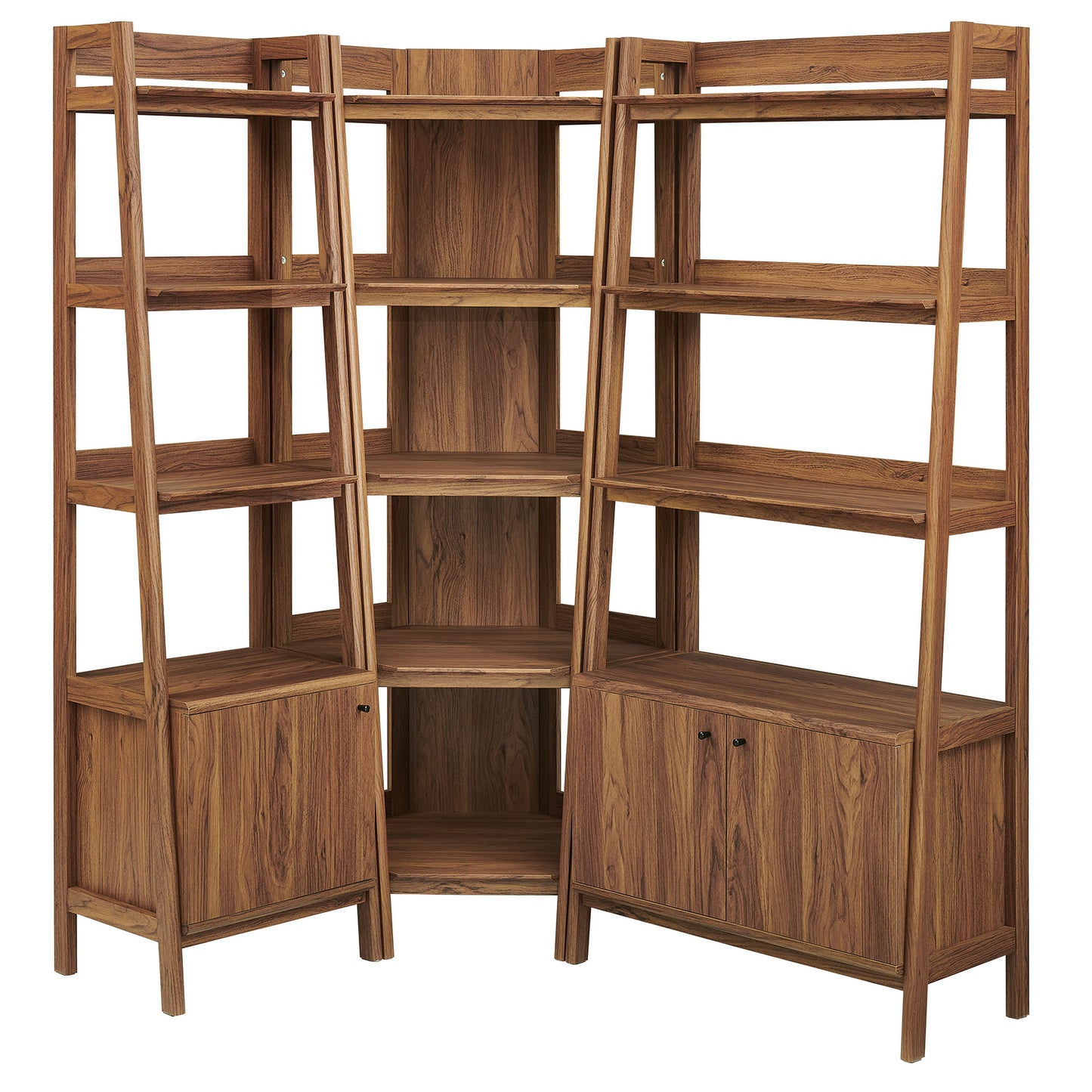 Finch 3 Piece Corner Bookshelf Set With Wide and Narrow Bookshelves in Walnut
