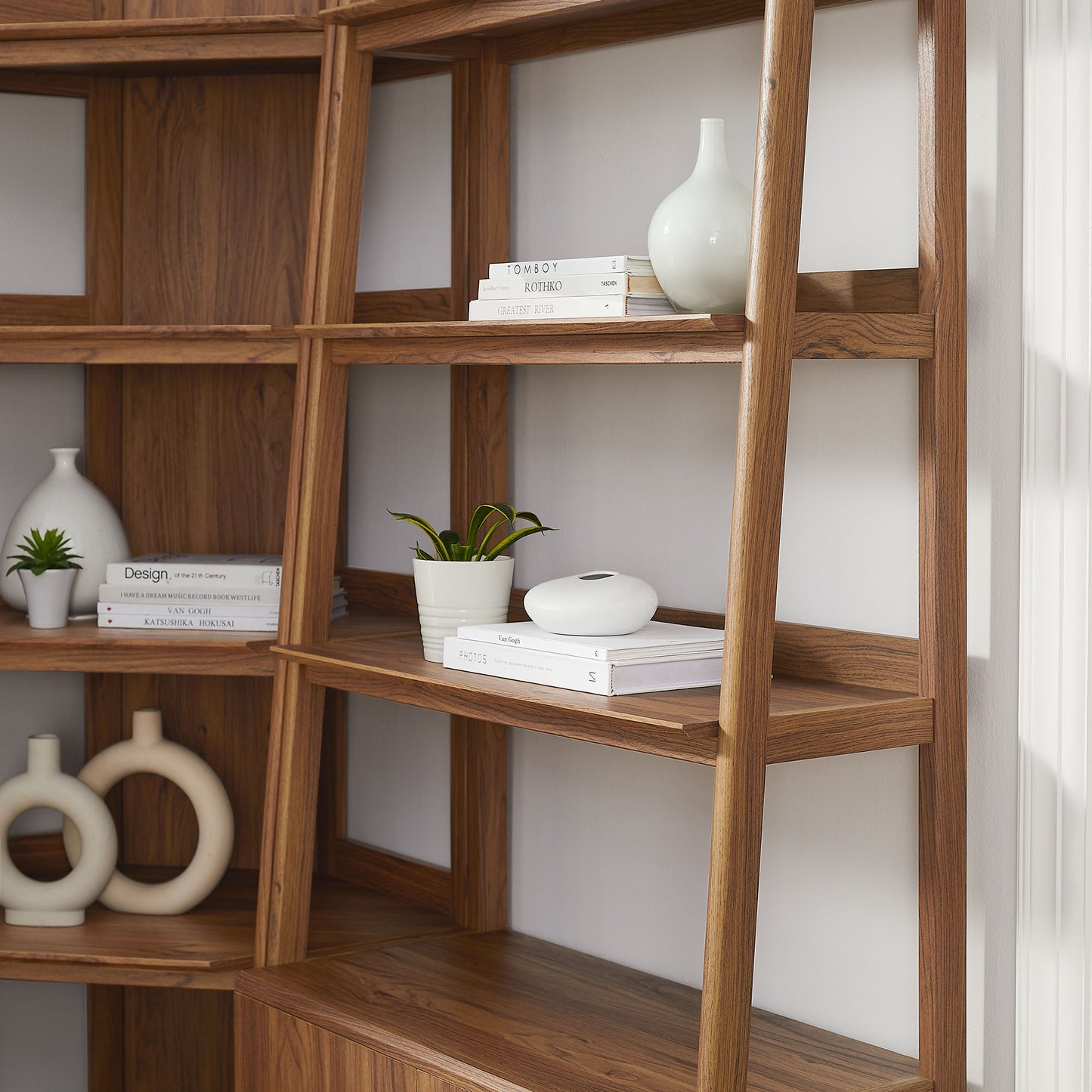 Finch 3 Piece Corner Bookshelf Set With Wide and Narrow Bookshelves in Walnut