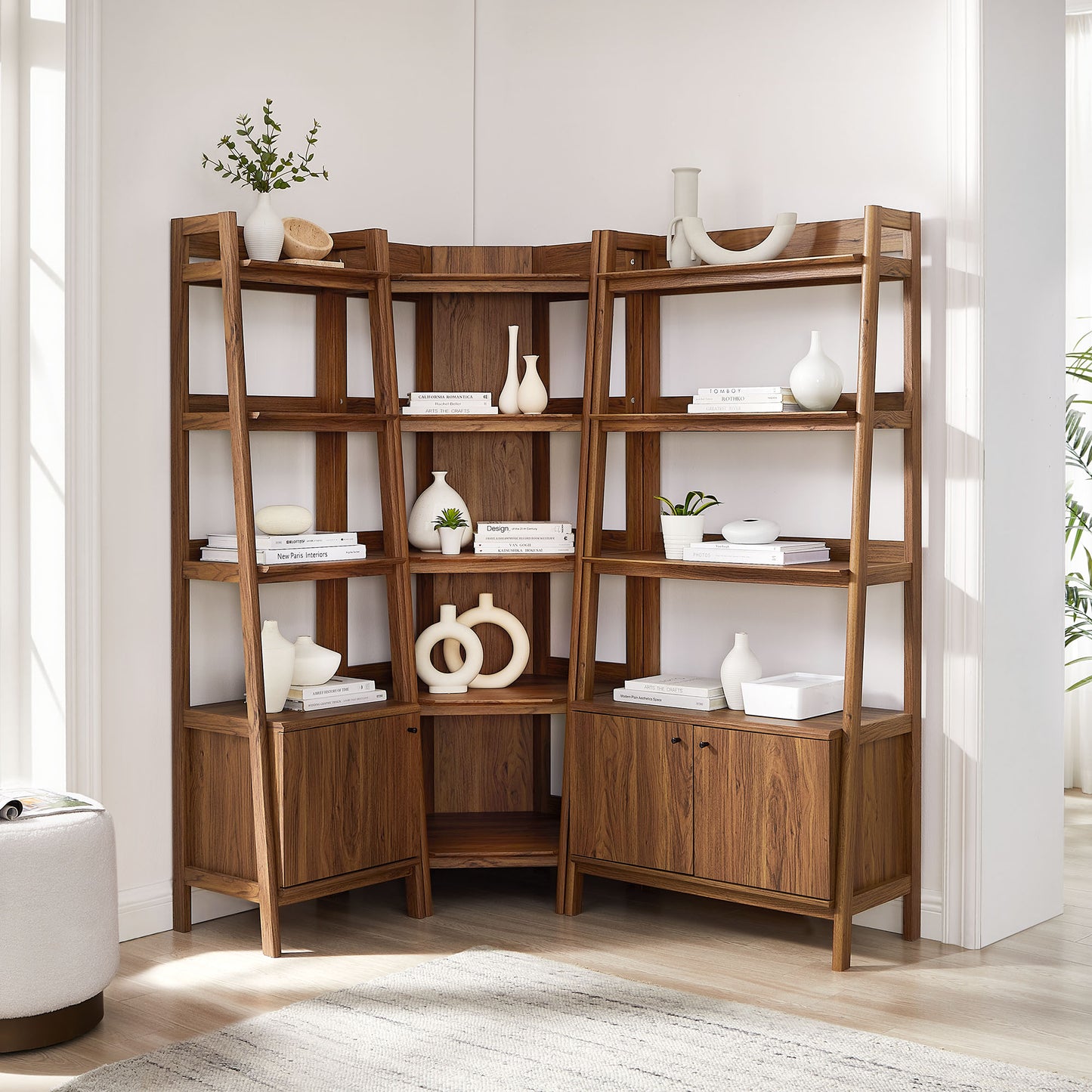 Finch 3 Piece Corner Bookshelf Set With Wide and Narrow Bookshelves in Walnut