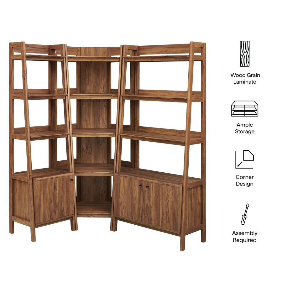 Finch 3 Piece Corner Bookshelf Set With Wide and Narrow Bookshelves in Walnut