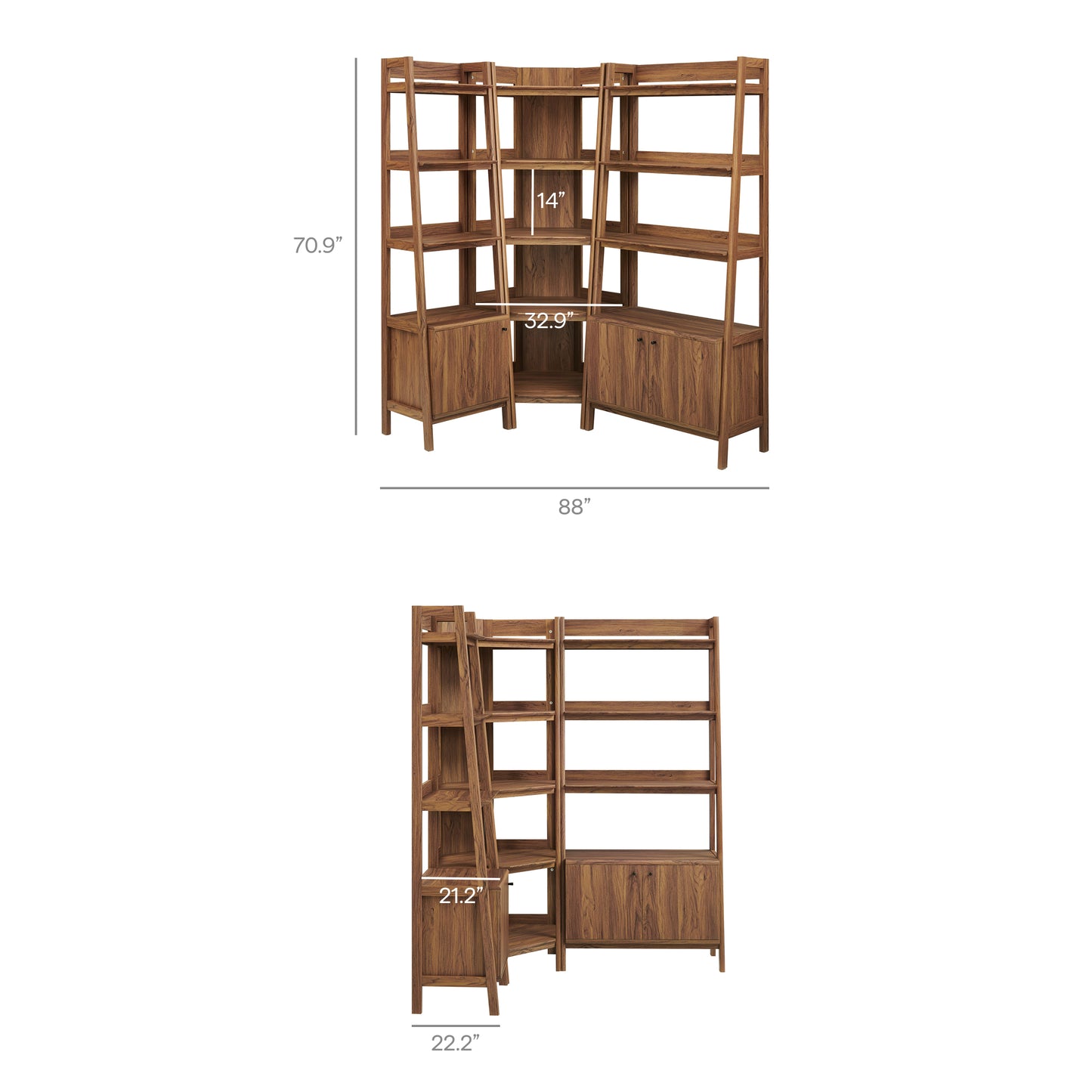 Finch 3 Piece Corner Bookshelf Set With Wide and Narrow Bookshelves in Walnut