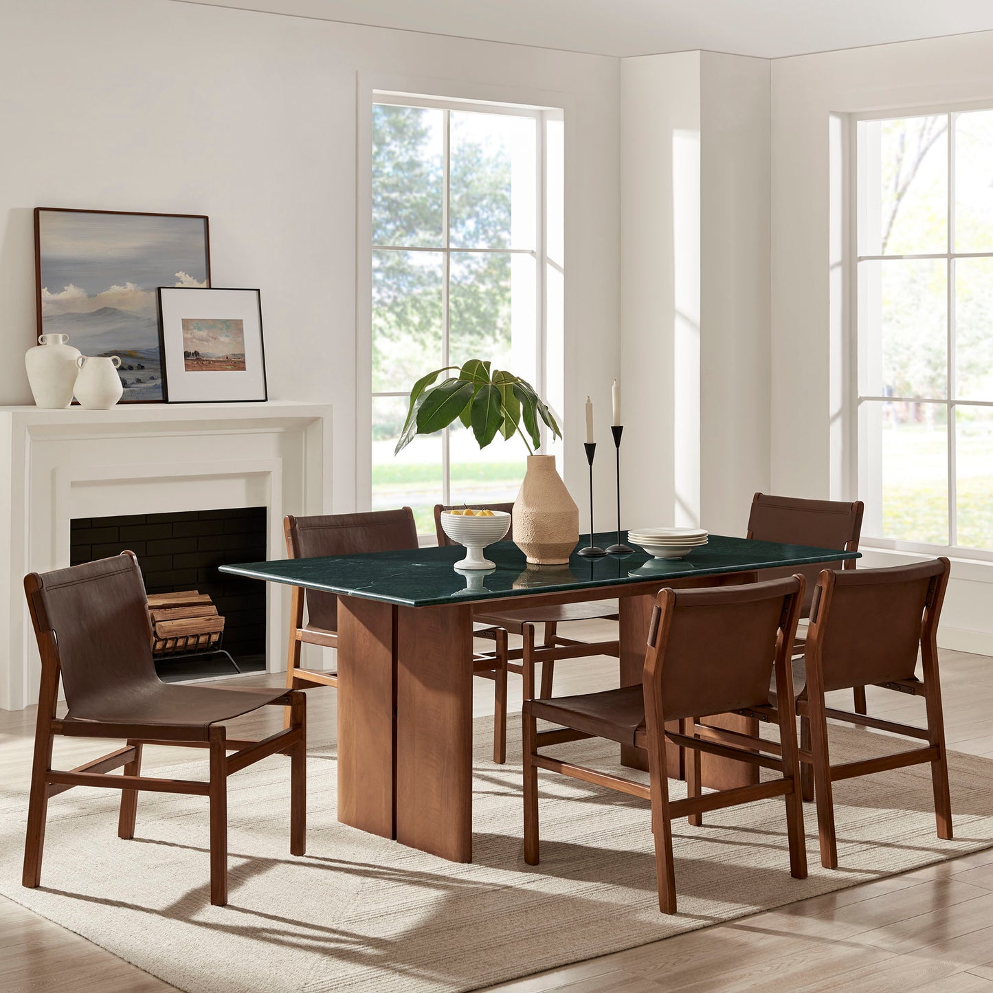 Ember 72 Inch Marble Dining Table in Walnut Green Marble