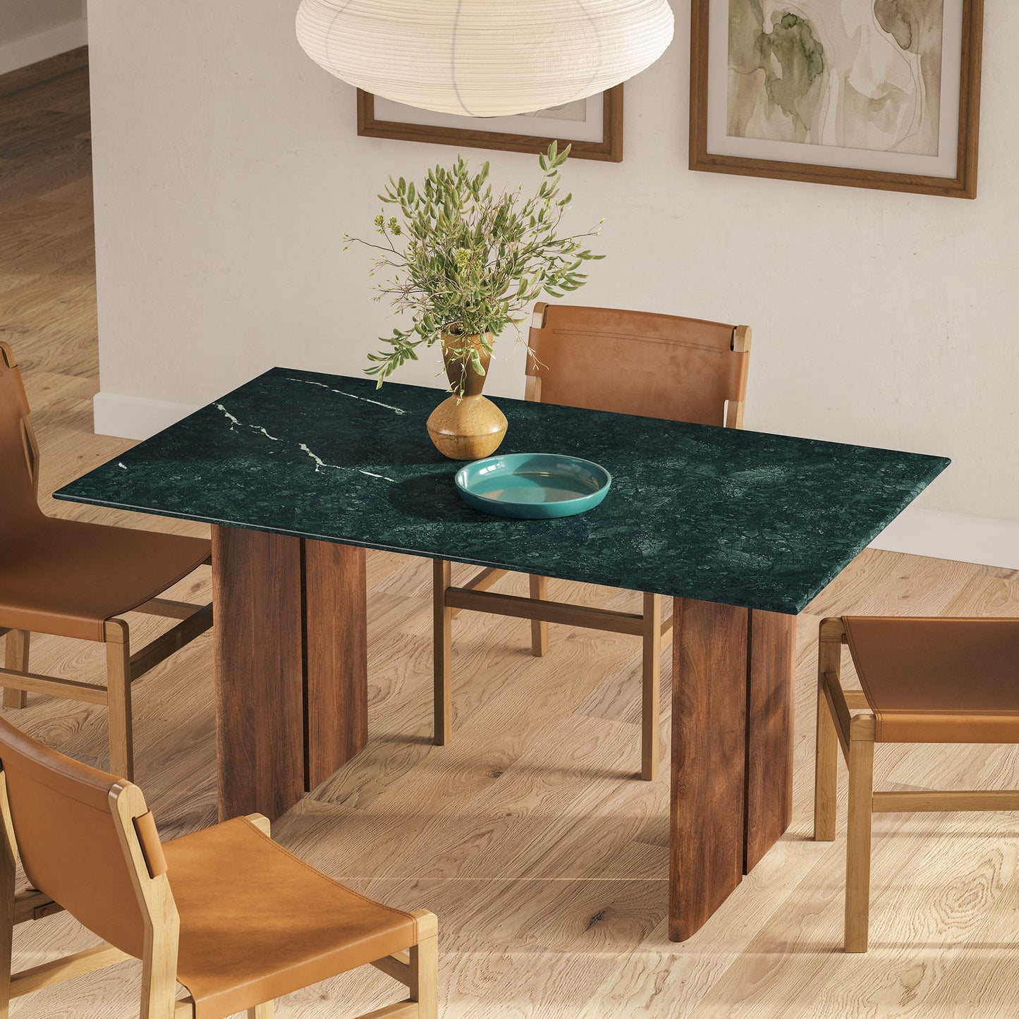 Ember 60 Inch Marble Dining Table in Walnut Green Marble