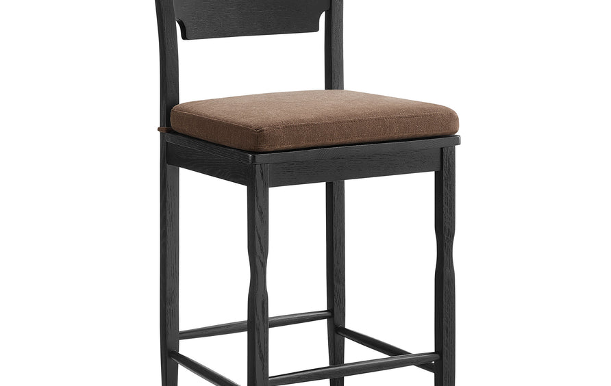 Lennox Oak Wood Counter Stool With Wavy Razor Back and Cushion in Black Cocoa