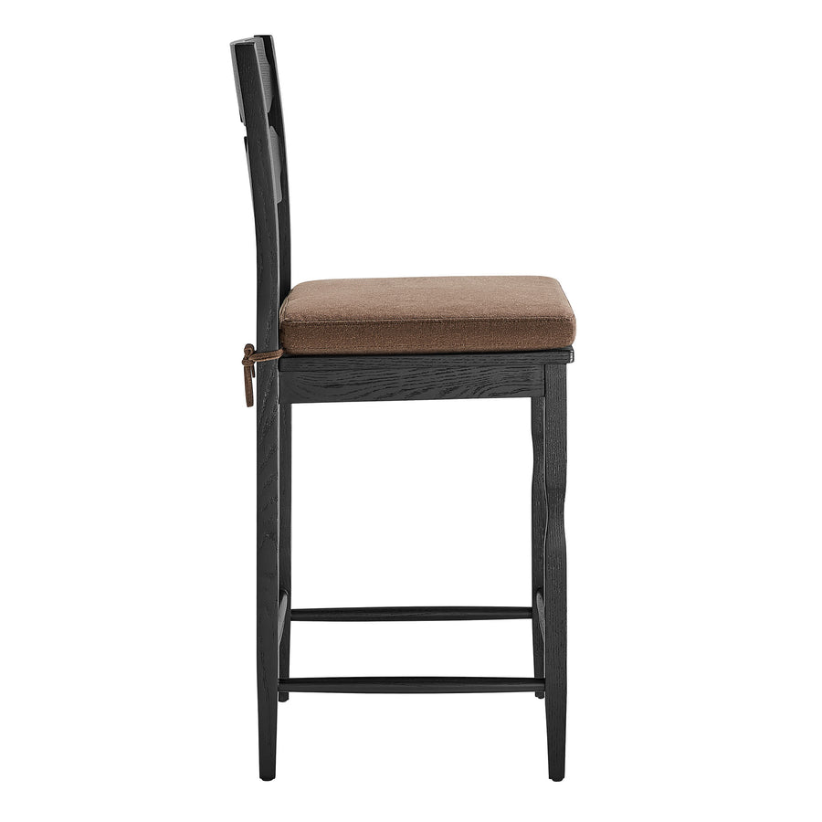 Lennox Oak Wood Counter Stool With Wavy Razor Back and Cushion in Black Cocoa