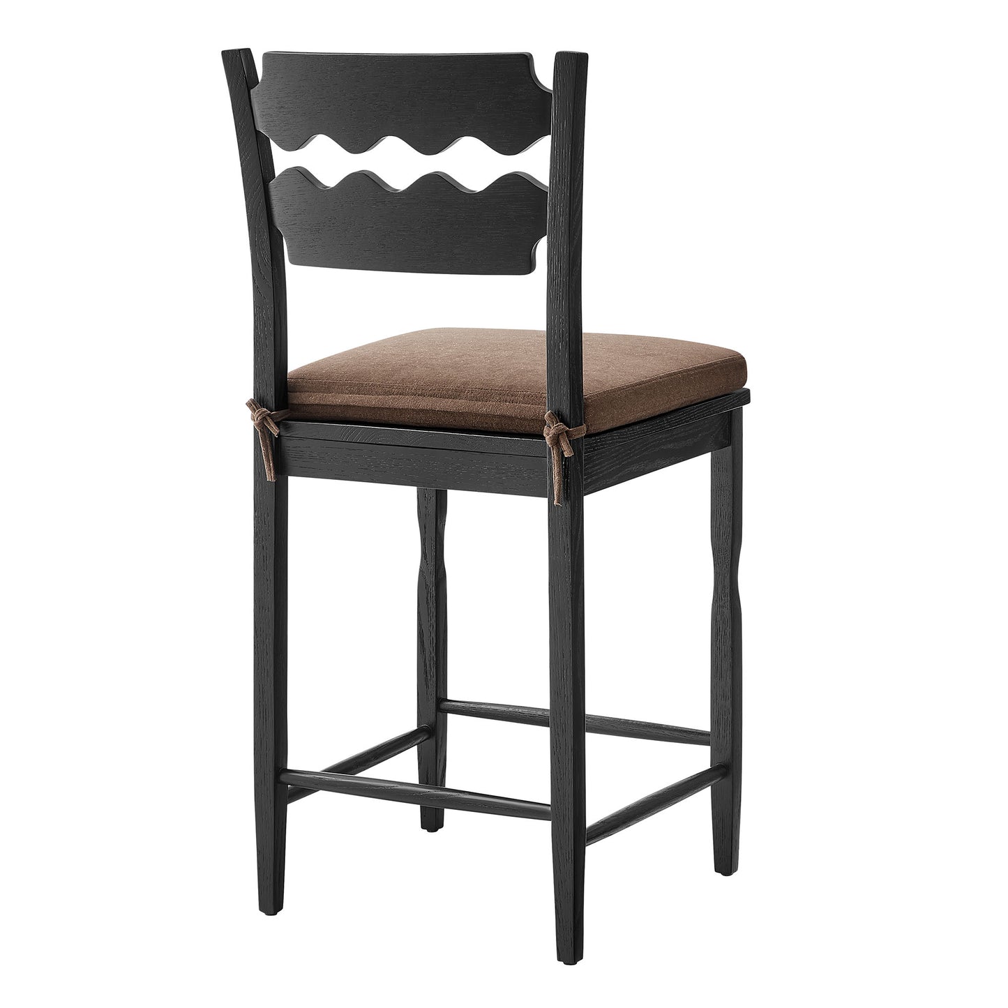 Lennox Oak Wood Counter Stool With Wavy Razor Back and Cushion in Black Cocoa