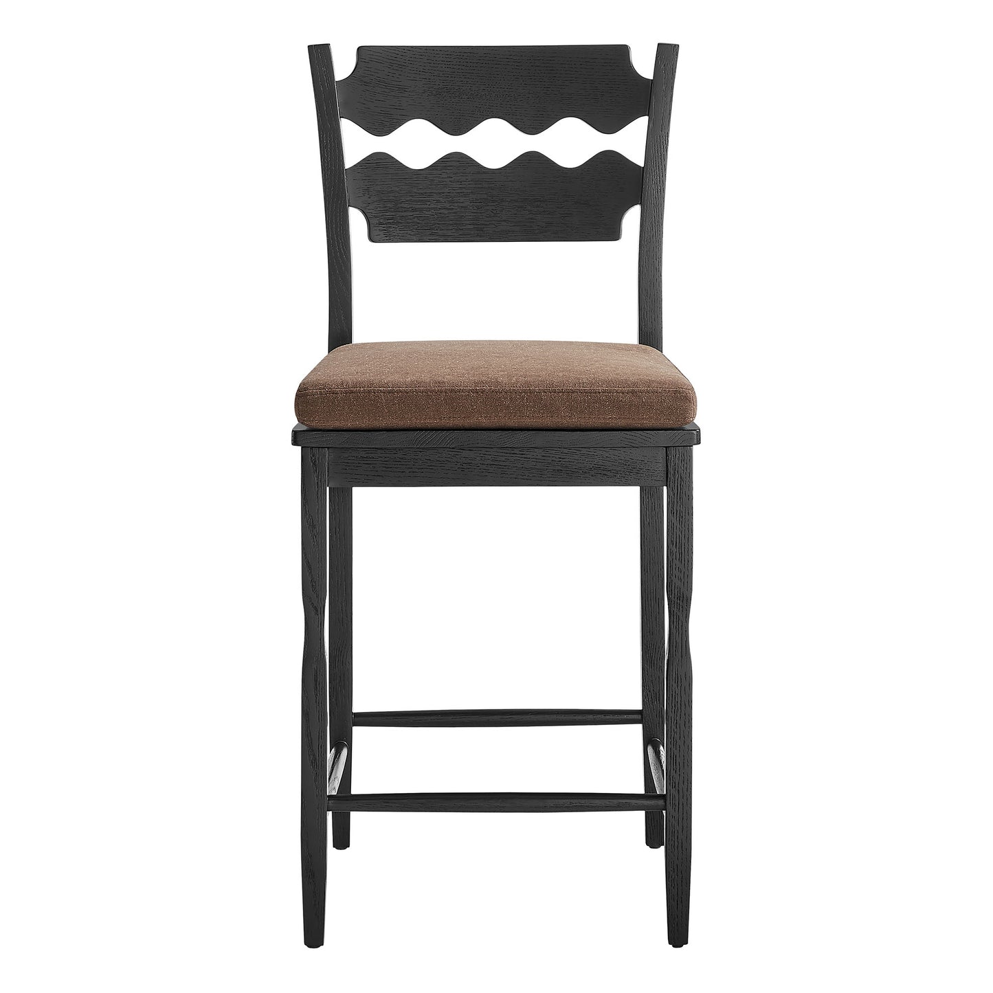 Lennox Oak Wood Counter Stool With Wavy Razor Back and Cushion in Black Cocoa