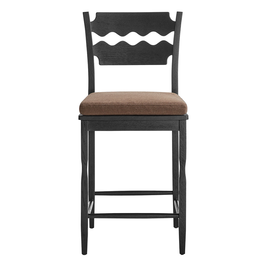 Lennox Oak Wood Counter Stool With Wavy Razor Back and Cushion in Black Cocoa