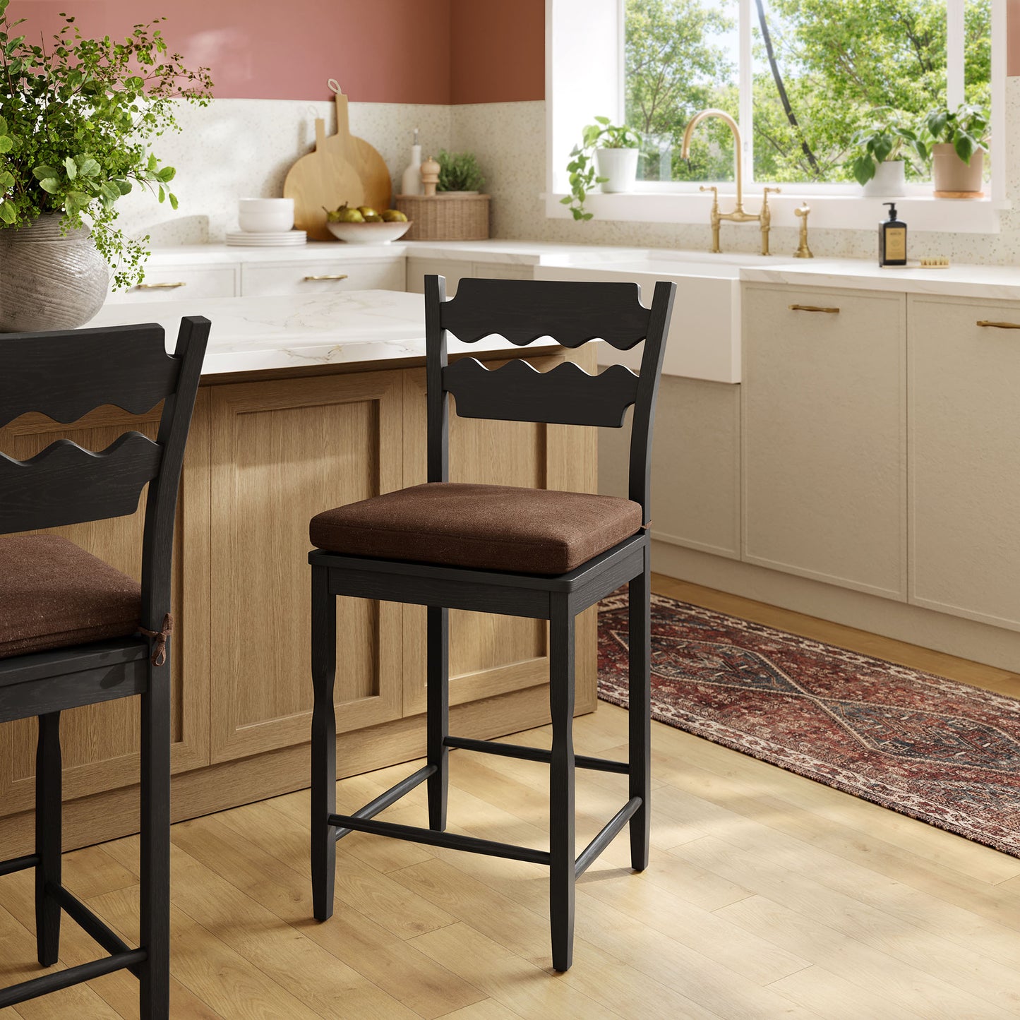 Lennox Oak Wood Counter Stool With Wavy Razor Back and Cushion in Black Cocoa