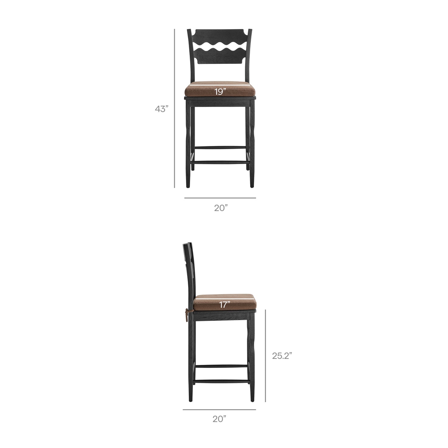 Lennox Oak Wood Counter Stool With Wavy Razor Back and Cushion in Black Cocoa