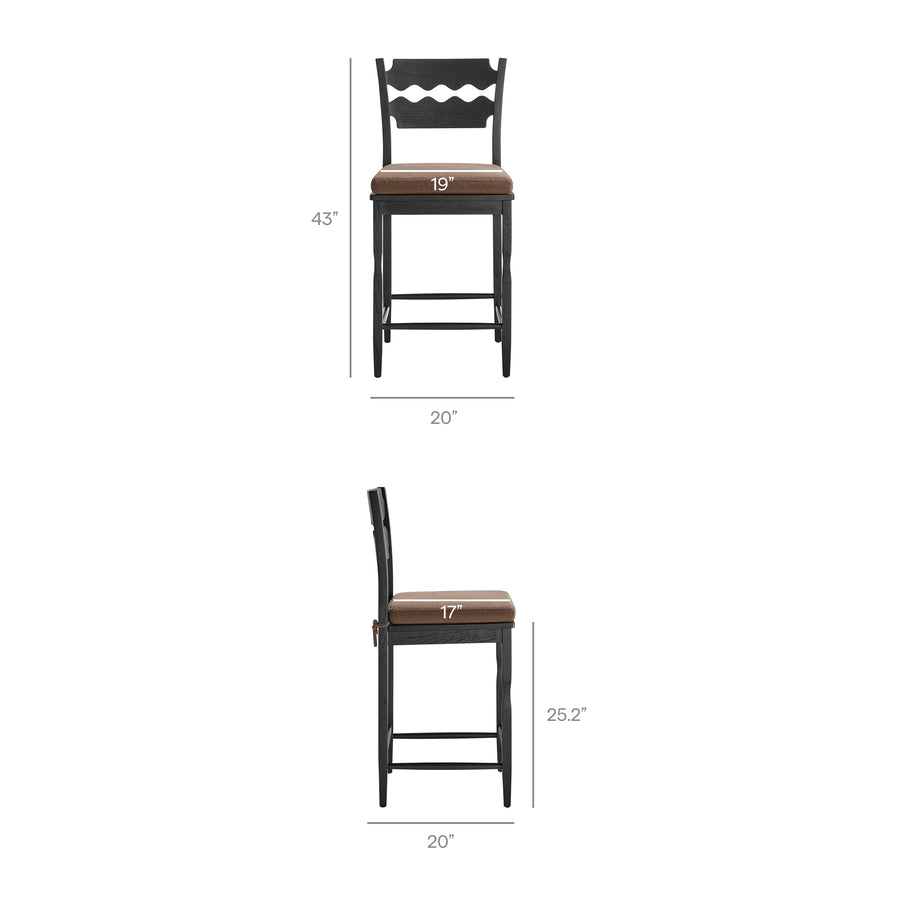 Lennox Oak Wood Counter Stool With Wavy Razor Back and Cushion in Black Cocoa