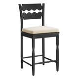 Lennox Oak Wood Counter Stool With Wavy Razor Back and Cushion in Black Linen