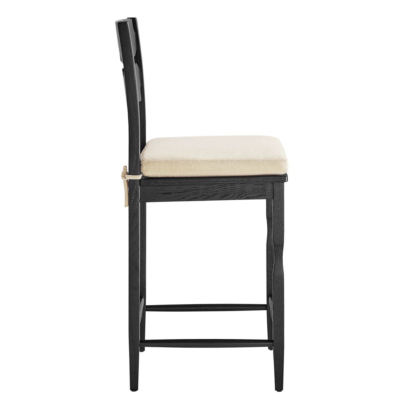 Lennox Oak Wood Counter Stool With Wavy Razor Back and Cushion in Black Linen