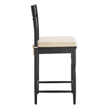 Lennox Oak Wood Counter Stool With Wavy Razor Back and Cushion in Black Linen