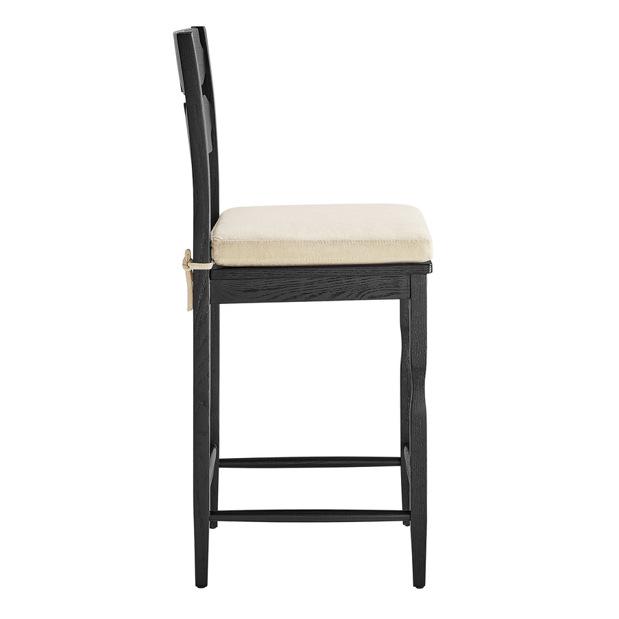 Lennox Oak Wood Counter Stool With Wavy Razor Back and Cushion in Black Linen