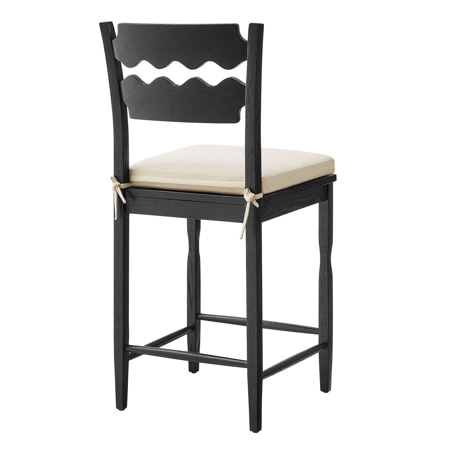 Lennox Oak Wood Counter Stool With Wavy Razor Back and Cushion in Black Linen