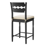 Lennox Oak Wood Counter Stool With Wavy Razor Back and Cushion in Black Linen