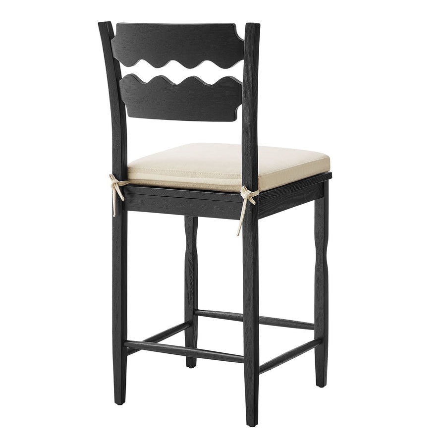 Lennox Oak Wood Counter Stool With Wavy Razor Back and Cushion in Black Linen