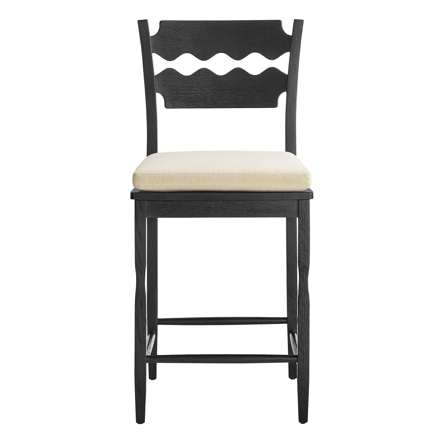 Lennox Oak Wood Counter Stool With Wavy Razor Back and Cushion in Black Linen