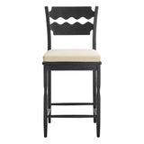 Lennox Oak Wood Counter Stool With Wavy Razor Back and Cushion in Black Linen