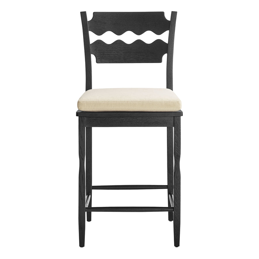 Lennox Oak Wood Counter Stool With Wavy Razor Back and Cushion in Black Linen