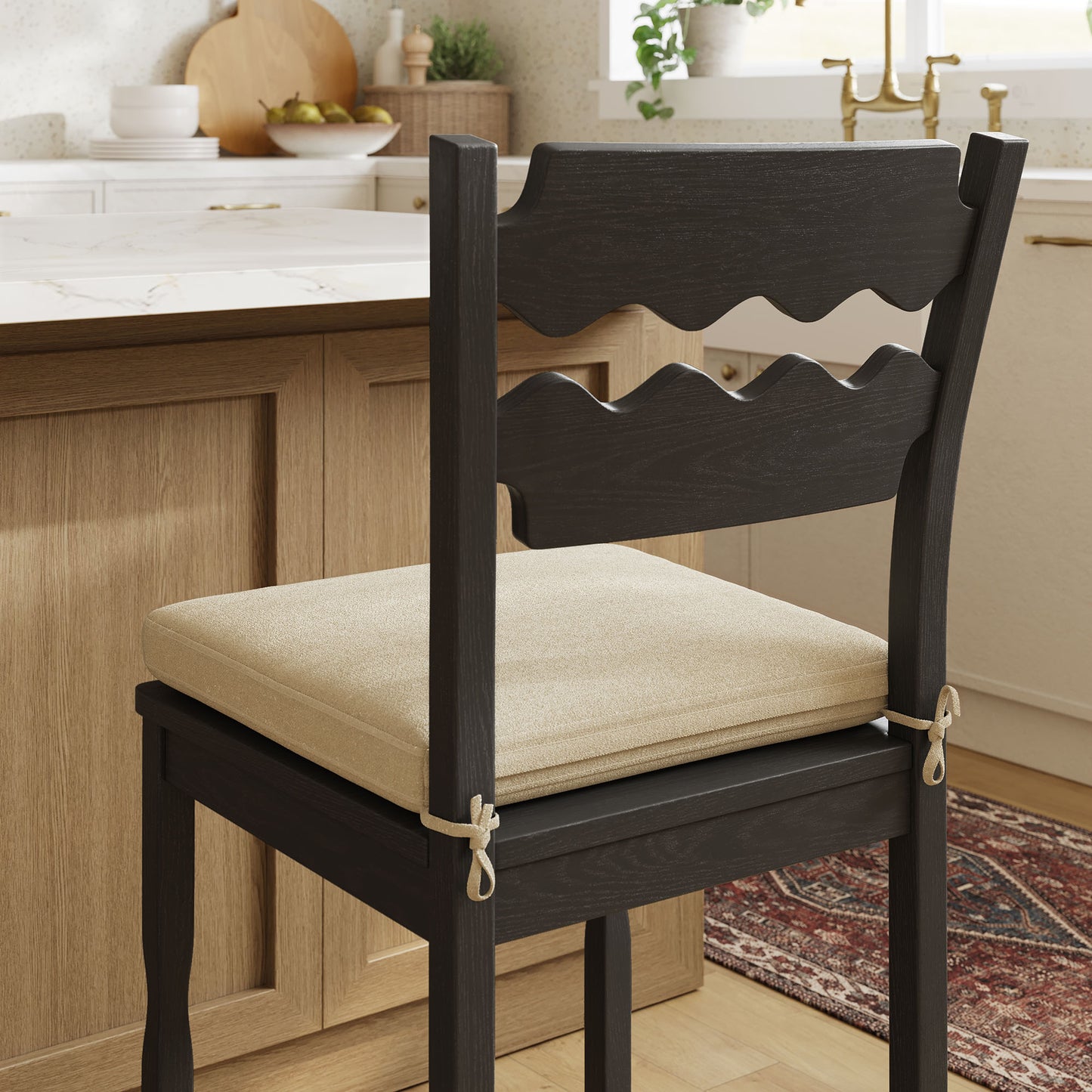 Lennox Oak Wood Counter Stool With Wavy Razor Back and Cushion in Black Linen