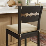 Lennox Oak Wood Counter Stool With Wavy Razor Back and Cushion in Black Linen