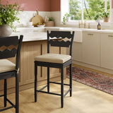 Lennox Oak Wood Counter Stool With Wavy Razor Back and Cushion in Black Linen
