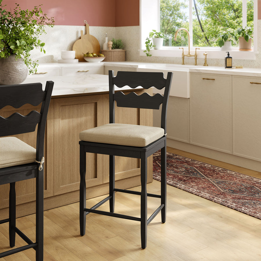 Lennox Oak Wood Counter Stool With Wavy Razor Back and Cushion in Black Linen
