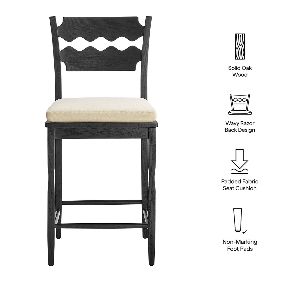 Lennox Oak Wood Counter Stool With Wavy Razor Back and Cushion in Black Linen