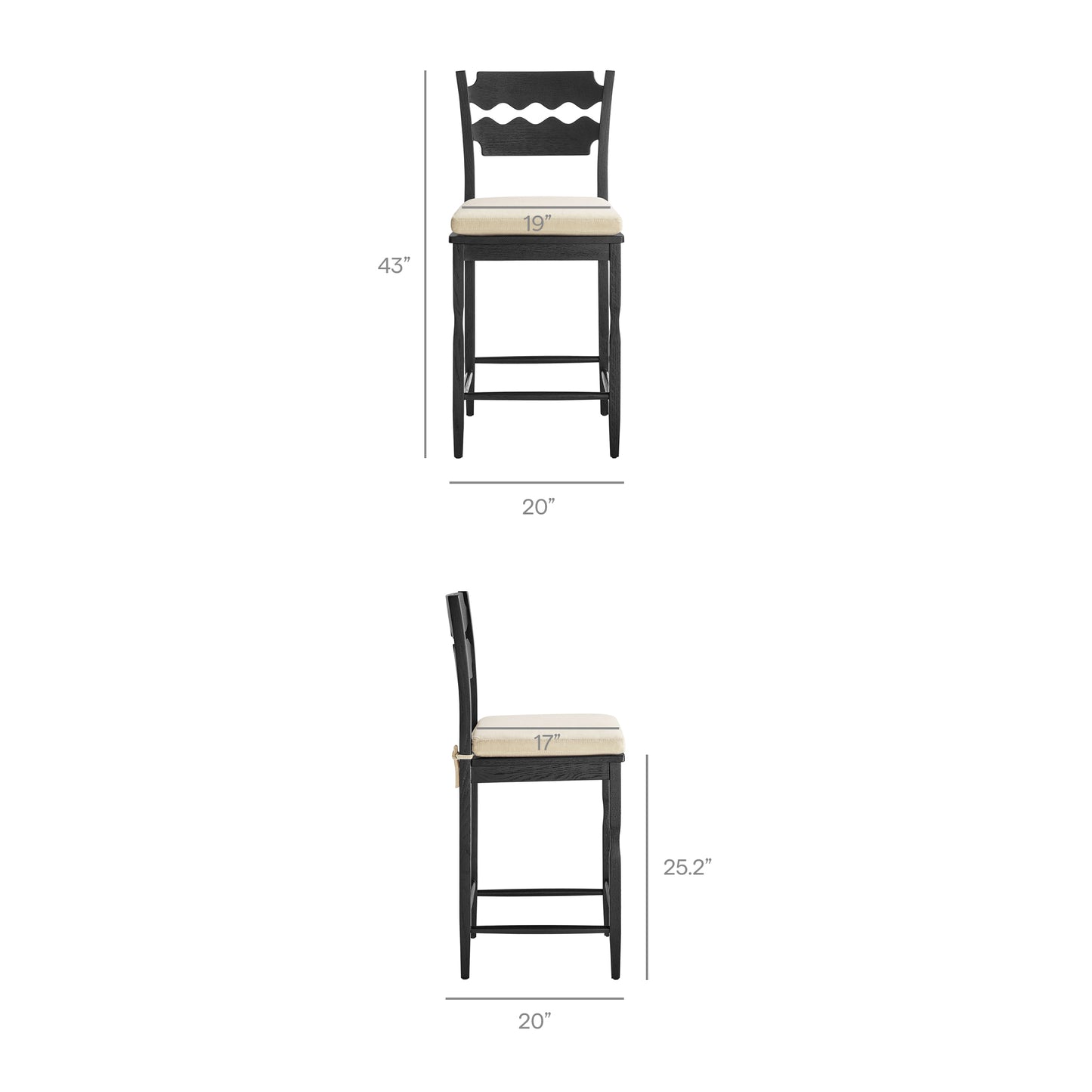 Lennox Oak Wood Counter Stool With Wavy Razor Back and Cushion in Black Linen