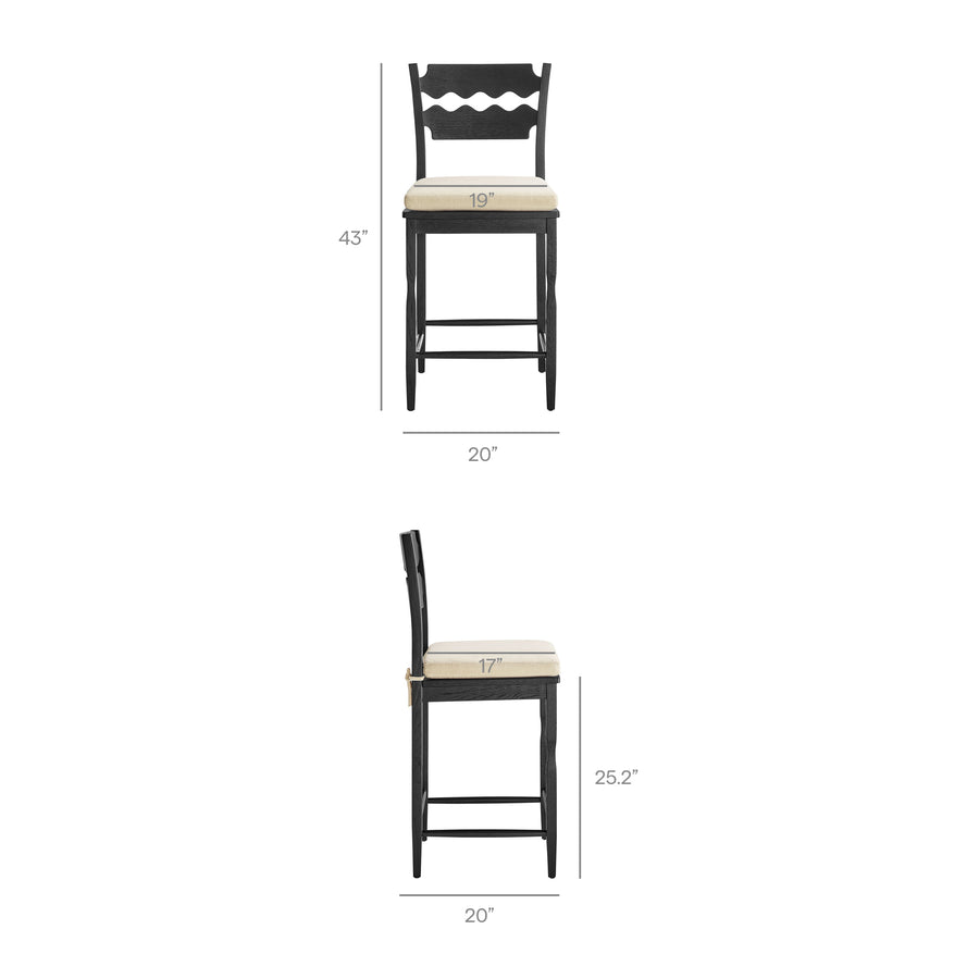 Lennox Oak Wood Counter Stool With Wavy Razor Back and Cushion in Black Linen